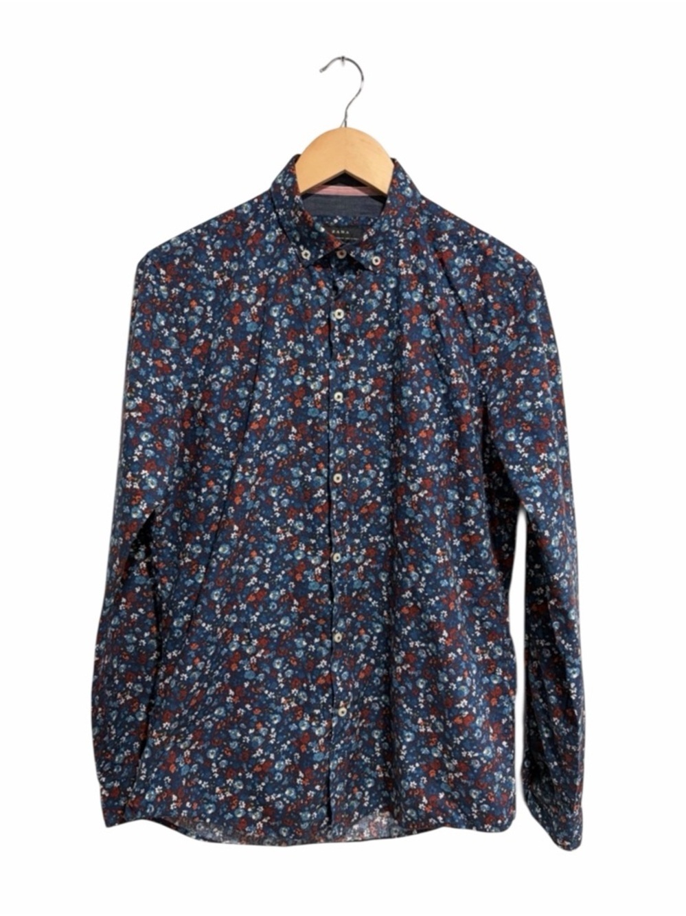 2/$40 Zara Men's Navy Blue Floral Button-Down Shirt 100% Cotton